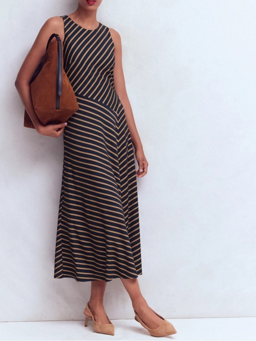 Boden NWT Asymmetrical Ponte Midi Sleeveless Navy & Carmel Stripe 8